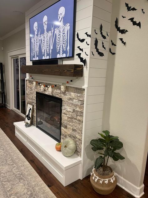 Fireplace Makeover Mobile Home, Fireplace In Mobile Home, Mobile Home Fireplace Remodel, October Decor, Mobile Home Renovations, Fireplace Tv Wall, Window Seats, Basement Makeover, Rv Renovations