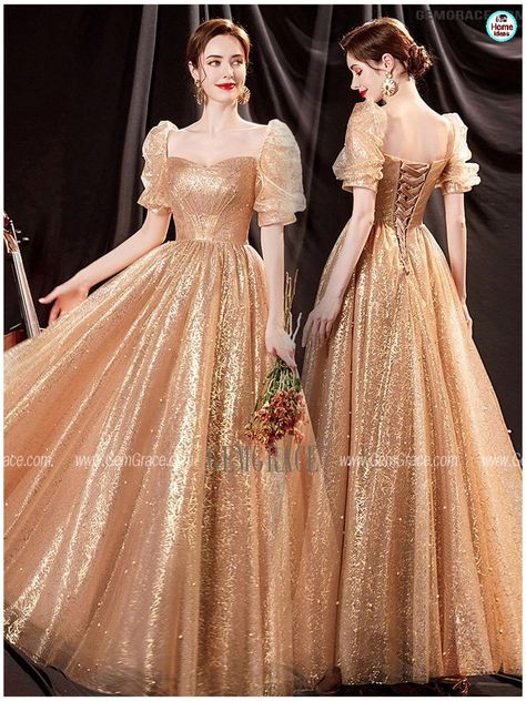 Gold Dress Sleeves, Gold Modest Dress, Gold Fairy Dress, Golden Dress Long, Gold Prom Gown, Gold Princess Dress, Gold Gowns, Hp Oc, Princess Frocks