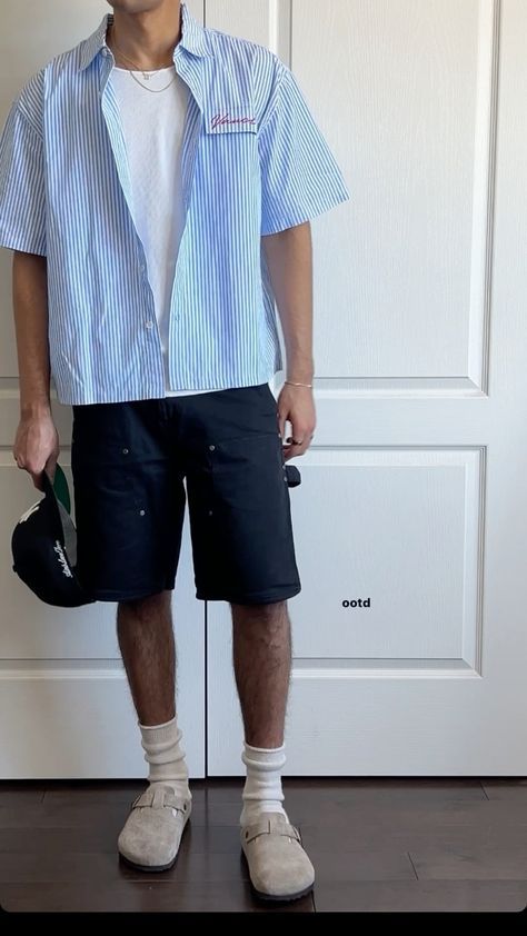 Men Dressing Style Casual Fashion Ideas, Guy Summer Outfits Casual Street Styles, Dress Shirt Casual Outfit Men, Boyfriend Outfit Men Summer, Birkenstock Clog Outfit Men, Scandinavian Mens Fashion Summer, Mens Clogs Outfit, Casual Men Outfits Summer, Summer Outfit Men 2024