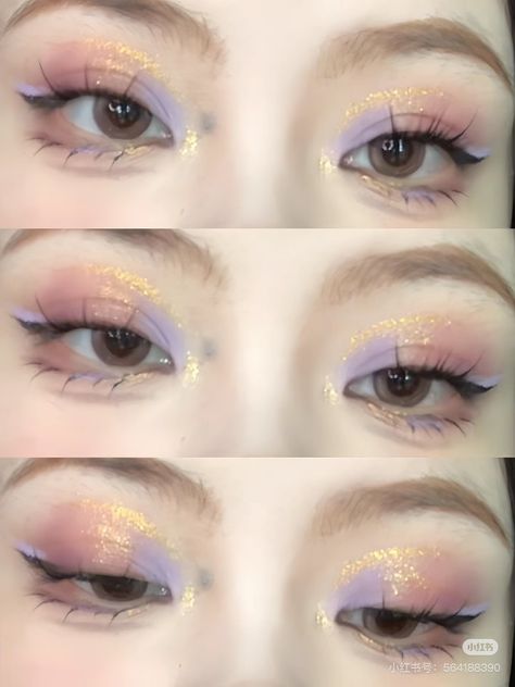 Fairy Makeup Ideas Simple, Pastel Makeup Aesthetic, Bachelorette Glam, Pastel Eye Makeup, Shimmer Eyeshadow Looks, Aesthetic Eyeliner, Eyeshadow Inspiration, Makeup Chinese, Eyeliner Glitter