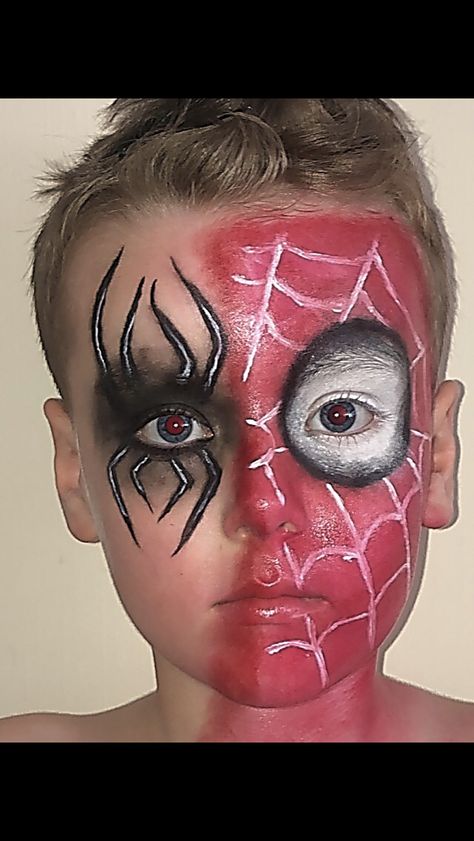 Spider-man Spider Man Halloween Makeup, Halloween Makeup Boys Easy, Halloween Makeup For Boys, Man Face Makeup, Halloween Makeup Boys, Spider Man Makeup, Halloween Face Paint Scary, Boy Halloween Makeup, Spider Man Face Paint