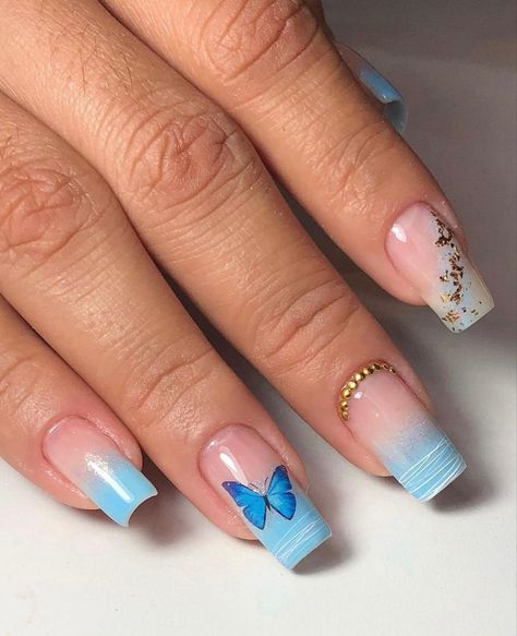 Latest Nail Extensions Designs, Blue Butterfly Nails, Nail Design 2023, Butterfly Nail Design, Ombre Butterfly, Butterfly Nail Designs, Witchy Nails, Baby Blue Nails, Butterfly Nails