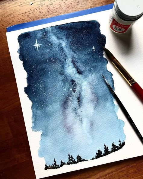 Milky way #illustration #sketching Wood Painting Art, Watercolour Inspiration, Galaxy Painting, 수채화 그림, Galaxy Art, Watercolor Inspiration, The Night Sky, Milky Way, Super Cool