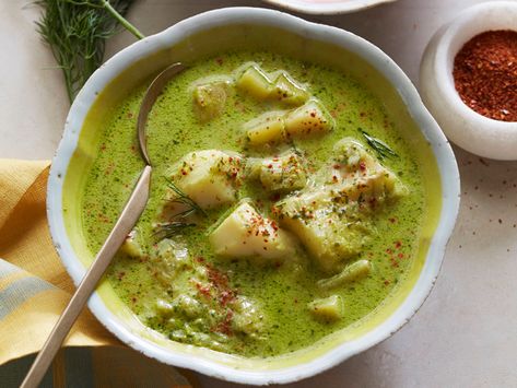 Enjoy my recipe of Fish Chowder For The Idea Man. This meal is inspired by memories from my husband's childhood eating a similar dish in the East Coast. Aarti Sequeira, Idea Man, Fish Chowder, Red Skin Potatoes, Serrano Pepper, Gumbo, Garam Masala, Fish And Seafood, Leeks