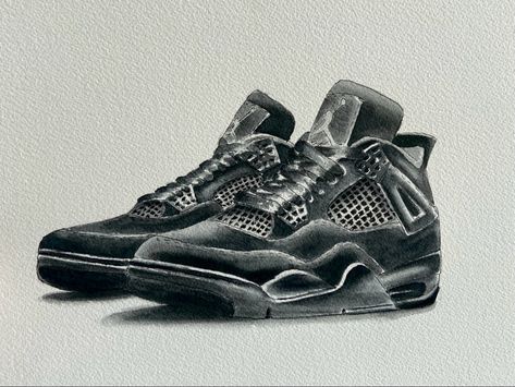 Jordan 4 Drawing, Black Cat Watercolor, Jordan 4 Black, Prismacolor Art, Cat Watercolor, Art Shoes, Sneakers Jordan, Black Shoe, Watercolor Cat