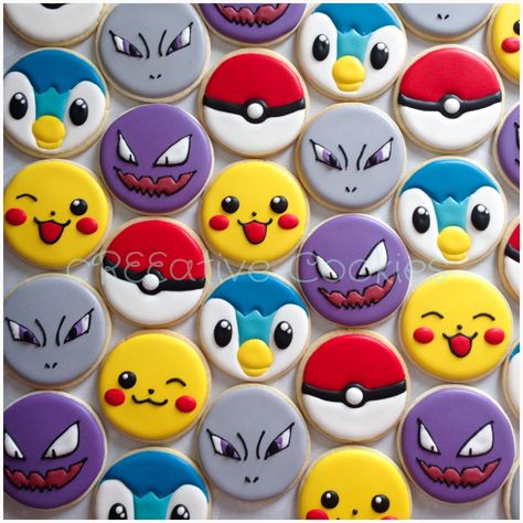 Gotta catch 'em all! Pokemon cookies! :) Find me on Facebook (cReeative Cookies) and Instagram (creeative_cookies). Pokemon Cookies, Pokemon Cake, Pokemon Birthday Party, Creative Cupcakes, Sugar Cookie Designs, Pokemon Party, Pokemon Birthday, Cookies For Kids, Creative Cookies