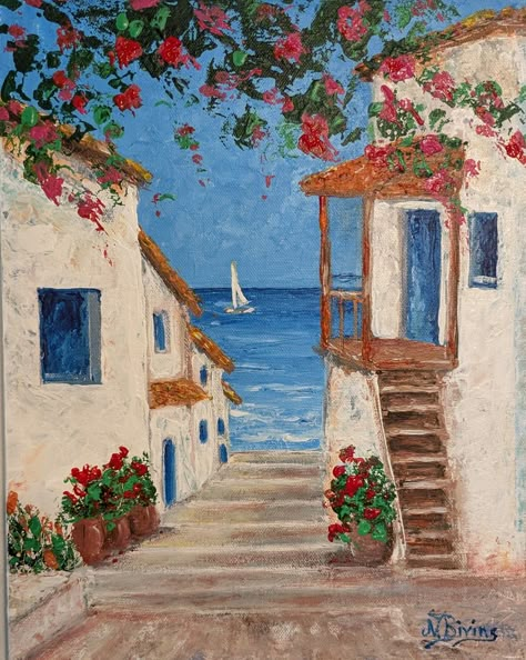 This is an 11 x 14 acrylic on canvas Mediterranean Greek Islands village alley to the sea . #greece #greeceislands #acryliconcanvas #mediterranean #mediterraneanart #mediterraneanpainting #artoftheday🎨 #artoftheday #artpost #wallart #walldecor #sea #acrylicpainting #acrylicpaintings Unique Paintings For Beginners, Painting Ideas On Canvas Greece, Canvas House Painting, Village Painting Ideas, Painting Ideas On Canvas Italy, Paintings To Draw On Canvas, Greek Island Paintings, Pretty Landscapes To Paint, Greek Painting Ideas