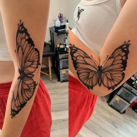 Butterfly In Arm Tattoo, Butterfly Arm Fold Tattoo, Butterfly Tattoo Near Elbow, Elbow Crease Tattoo Inner Butterfly, Butterfly Tattoo That Opens On Elbow, Butterfly Elbow Bend Tattoo, Butterfly Opening Wings Tattoo Elbow, Expanding Butterfly Tattoo, Butterfly Knee Bend Tattoo