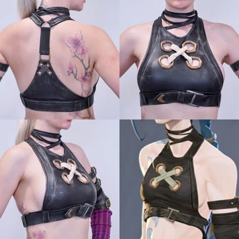 Heres another look at the finished jinx top! This was made with stretch pleather, a little Eva foam for the belt and hand made Sintra… | Instagram Jinx Arcane Cosplay Tutorial, Arcane Jinx Art, Cosplay Jinx, Arcane Cosplay, Lol Jinx, Jinx Cosplay, Rub N Buff, Fairy Festival, Belt Top