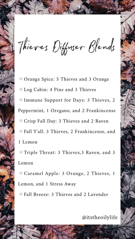 Fall Thieves Diffuser Blends, Essential Oil Blends With Thieves, Thieves Diffuser Recipes, Diffuser Blends Thieves, Thieves Blends For Diffuser, Thieves Essential Oil Blends, Young Living Thieves Diffuser Blends, Thieves Essential Oil Diffuser Blends, Thieves Diffuser Blends