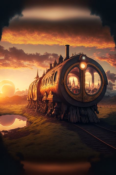 Magic Train Fantasy Art, Train Fantasy Art, Steampunk Train, Steampunk Illustration, Steampunk Artwork, Train Art, Fantasy Places, Fictional World, Fairytale Art