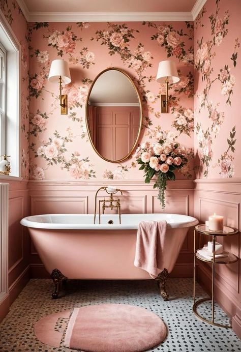 22 Trendy Pink Bathroom Designs To Copy 17 Dark Pink Bathroom Walls, Pink Clawfoot Tub, Floral Wallpaper Bathroom, Victorian Bathroom Vintage, Romantic Bathroom, Pink And Black Bathroom, Pink Bus, Pink Accent Walls, Vintage Pink Bathroom