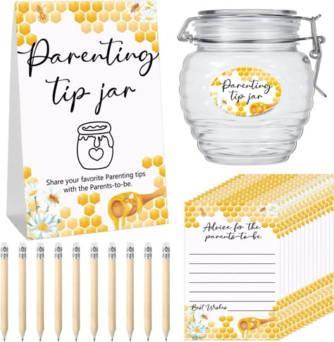 Bumble Bee Baby Shower Parenting Tip Jar Set Bee Baby Shower Food, Parenting Tip Jar, Honey Bee Baby Shower Theme, Baby Shower Card Box, Baby Shower Game Prizes, Honey Bee Baby Shower, Baby Shower Advice Cards, Baby Bug, Baby Shower Theme Decorations