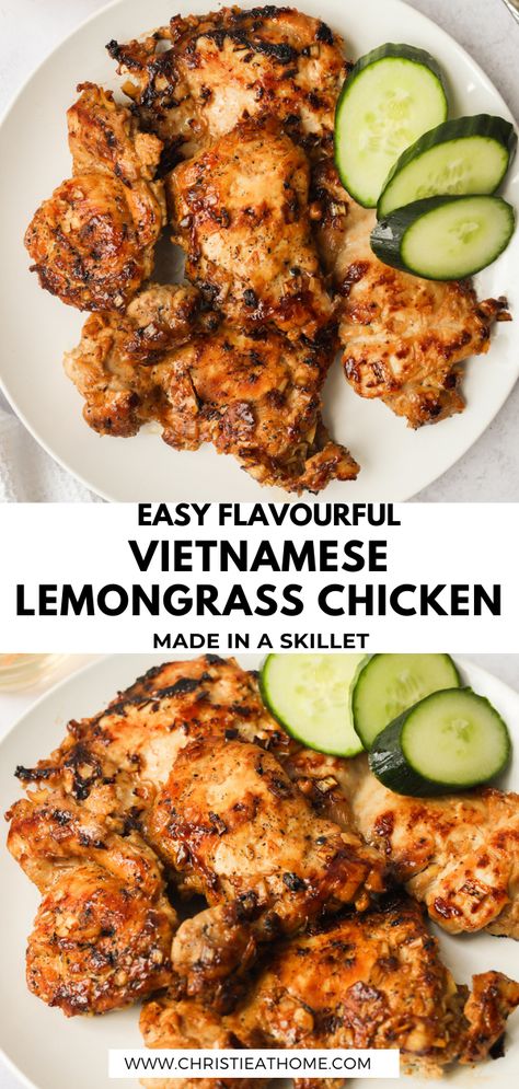 Skillet Vietnamese Lemongrass Chicken. Tender juicy chicken thighs marinated in a sweet and savoury lemongrass marinade with fish sauce. Aromatic, delicious and super easy to make! No grill or oven, just a skillet or non-stick pan! Fantastic for dinner, lunch, or leftovers. #lemongrass chicken recipe #lemongrass chicken Vietnamese #thai lemongrass chicken #lemon grass chicken recipe #asian cooking Salmon With Lemongrass Sauce, Lemon Grass Curry, Vietnamese Lemon Grass Chicken, Lemon Grass Marinade, Lemongrass Chicken Curry, Thai Lemongrass Sauce, Easy Lemongrass Chicken, Lemongrass Marinade Vietnamese, Vietnamese Lemongrass Chicken Recipes