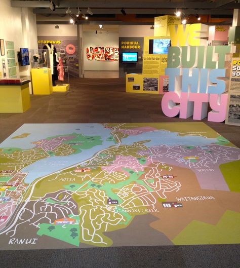 We Built This City exhibition at Pataka Art + Museum in Porirua NZ #floor map #boxes Interactive Map Installation, Art Exhibition Ideas, University Exhibition, Museum Map, School Exhibition, We Built This City, Expo Stand, Exhibition Display Design, Museum Exhibition Design