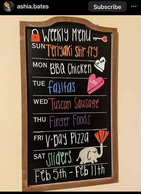 Chalkboard Menu Ideas, Saturday Dinner Ideas, Weekly Menu Ideas, Weekly Menu Boards, Blackboard Menu, Arts And Crafts For Kids Toddlers, Teriyaki Stir Fry, Easy Toddler Meals, Dry Erase Board Calendar