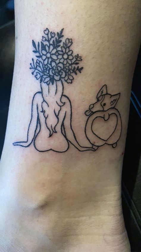 Corgi Tatoos, Small Corgi Tattoo, Simple Corgi Tattoo, Tattoo Pet, Corgi Tattoo, Random Tattoos, Black And White Tattoo, Tattoos Inspiration, Girl With Flowers