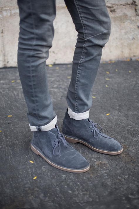 Wicked sharp detail stitch on the knee and some rad boots.  @clarksusa @AllSaintsShop #menswear Blue Suede Boots, Clarks Desert Boot, Chukka Sneakers, Mens Chukkas, Suede Leather Shoes, Desert Boot, Best Shoes For Men, Peacoats, Blue Suede Shoes