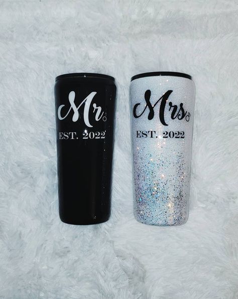 Mr & Mrs Tumblers, Mrs Tumbler, Bridal Party Tumblers, Wedding Tumblers, Diva Design, Tumbler Photos, Mr And Mrs Wedding, Diy Tumblers, Water Glasses