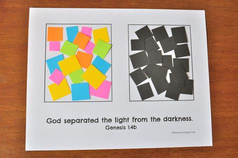 Throughout our Creation unit, I want to spark a sense of awe and wonder for the Creator in the hearts of my preschoolers, and then introduce... God Made Light Activities, Genesis 1:1 Preschool Craft, Day 1 And 2 Of Creation Craft, God Created Day And Night Craft, Preschool Gods Creation Craft, Creation Day 1 Crafts For Preschool, Sky And Water Creation Craft, God Created Light Craft, Creation Day 1 Activities Preschool