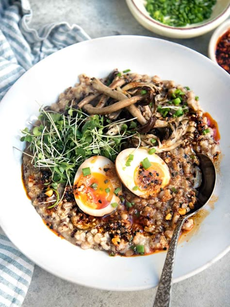 Savory Five-Grain Porridge Bowl - WILD GREENS & SARDINES Savory Barley Porridge, Mushroom Grain Bowl, Wild Rice Breakfast, Breakfast Porridge Recipes, Breakfast Cereal Aesthetic, Farro Porridge, Miso Quinoa, Mill Aesthetic, Miso Oatmeal