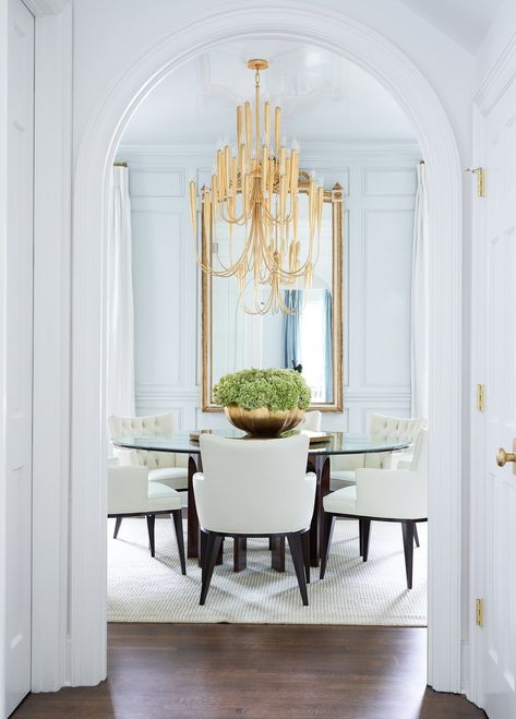 Farnham Place — Rivers Spencer Interiors Rivers Spencer, Tufted Chairs, Florida Decorating, Golden Bowl, Gold Dining Room, Gold Dining, Jackson Mississippi, Tufted Chair, Elegant Chandeliers