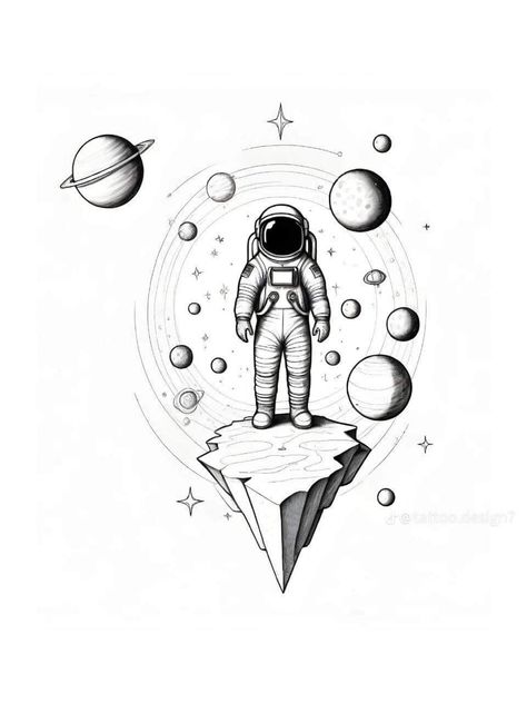 Cool Space Drawings Easy, Astronaut Digital Art, Space Ink Drawing, Space Themed Sleeve Tattoo, Imani Tattoos, Space Helmet Tattoo, Space Man Drawing, Astronomy Sketches, Cute Astronaut Drawing