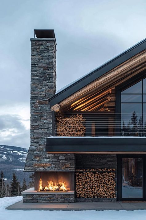 Modern log house in the mountains with a stone fireplace and firewood storage. Check out and drool over all of these enchanting mountain homes with stone fireplaces–the ultimate cozy and rustic retreats. Modern Log House, Cozy Mountain Home, House In The Mountains, Mountain Dream Homes, Modern Mountain House, Alpine House, Modern Chalet, Stone Fireplaces, Modern Mountain Home