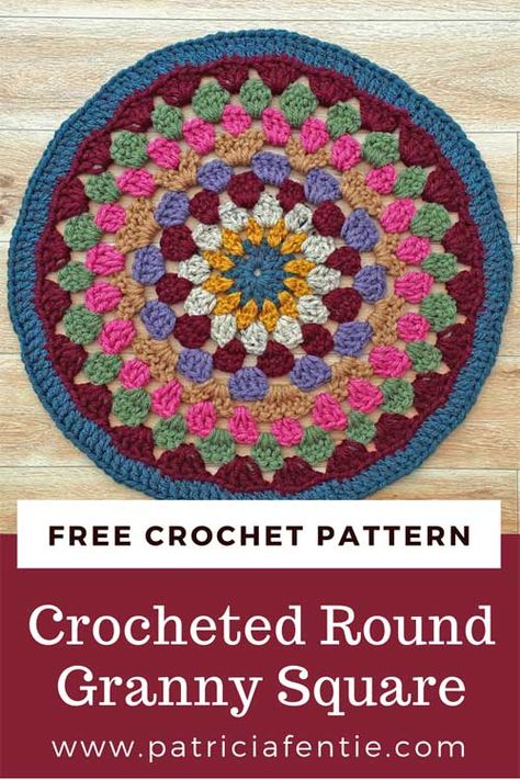 Circle Granny Square Blanket Free Pattern, Circular Granny Square Blanket, Crochet Granny Square Round Free Pattern, Granny Stitch Circle, Crochet Granny Stitch In The Round, Crochet Round Mandala Free Pattern, Round Granny Square Crochet Patterns Free, Crochet Round Cushion Cover Free Pattern, Crochet Round Cushion Cover