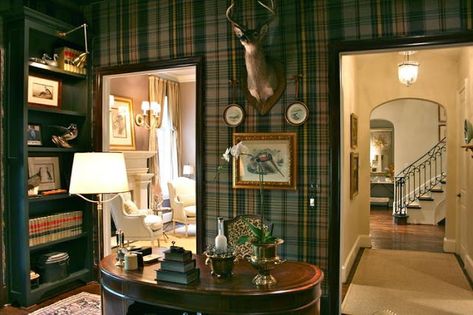 Equestrian Plaid Wallpaper, Old English Interior Design, Decorating With Plaid, English Bar, Gentlemans Room, Plaid Living Room, Tartan Decor, Ralph Loren, Western Cottage