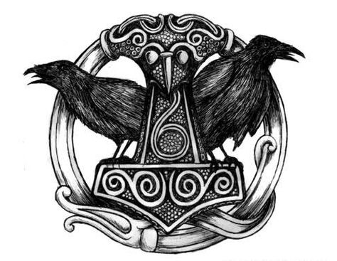 Thors Hammer and Odin's Ravens Odins Spear, Odin's Ravens Tattoo, Mjolnir Tattoo, Rabe Tattoo, Norse Mythology Tattoo, Arte Viking, Art Viking, Vikings Tattoo, Symbole Viking