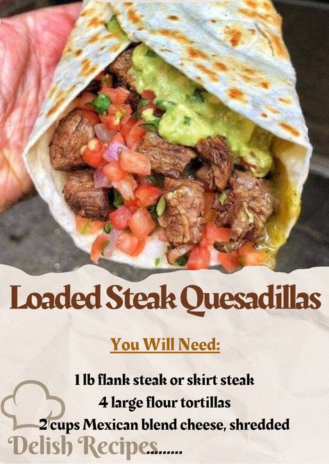 Delish Recipes - The Loaded Steak Quesadillas were a... Loaded Steak Quesadilla Recipes, Loaded Steak Quesadillas, Steak Quesadilla Recipe, Steak Quesadilla Recipes, Steak Quesadillas, Steak Quesadilla, Beef Quesadillas, Quesadilla Recipe, Quesadilla Recipes