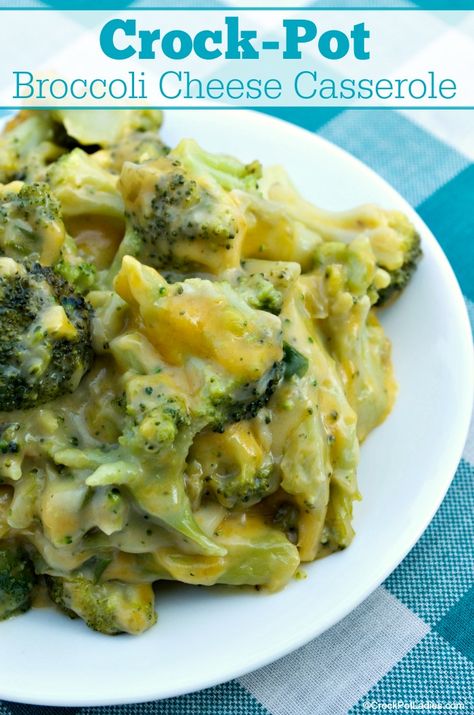 Crock-Pot Broccoli Cheese Casserole - If you are looking for a quick and easy slow cooker side dish then you are going to want to try this recipe for Crock-Pot Broccoli Cheese Casserole today! Broccoli and cheese combine for a flavorful cheesy dish that everyone will love! [Vegetarian, Low Cholesterol, Low Carb, High Fiber, Low Sugar & Weight Watchers friendly!] #CrockPotLadies #CrockPot #SlowCooker #Casserole #SideDishes #Broccoli #5IngredientsOrLess #Vegetarian #WeightWatchers Califlower Casseroles Crockpot, Frozen Broccoli Crockpot Recipes, Frozen Broccoli Crockpot, Crockpot Broccoli And Cheese, Crockpot Vegetables, Broccoli And Cheese Casserole, Crockpot Broccoli, Broccoli Cheese Casserole Recipe, Crockpot Side Dishes