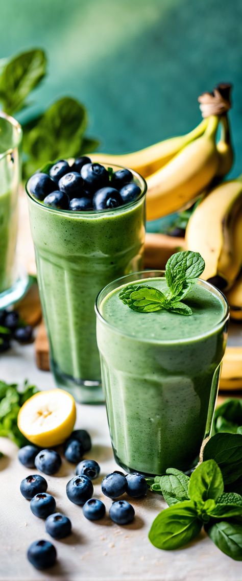 Mint green smoothie with blueberries and banana on a rustic garden table with mint sprigs and sunlight. Quick Breakfast Smoothies, Mint Sprig, Vegan Smoothies, Minty Green, Strawberry Banana, Balanced Lifestyle, Breakfast Smoothie, Quick Snacks, Ripe Banana