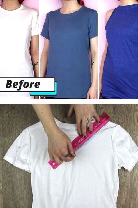 3 Easy No Sew T-Shirt Makeover Ideas T shirt #tshirt t-shirt #t_shirt t shirts #tshirts t-shirts #t_shirts T shirt design #tshirtdesign T-shirt designs #t_shirtdesign T shirts designs #tshirtsdesigns 8.867 Diy Tshirt Makeovers, Tee Shirt Diy Upcycling, How To Make A Tshirt Cute Diy, No Sew Diy Tshirt Ideas, Diy No Sew Tshirt Makeover, Diy Tee Shirt Cutouts, Modify Tshirt Neckline, Tshirt Collar Cut, Diy V Neck T Shirt No Sew