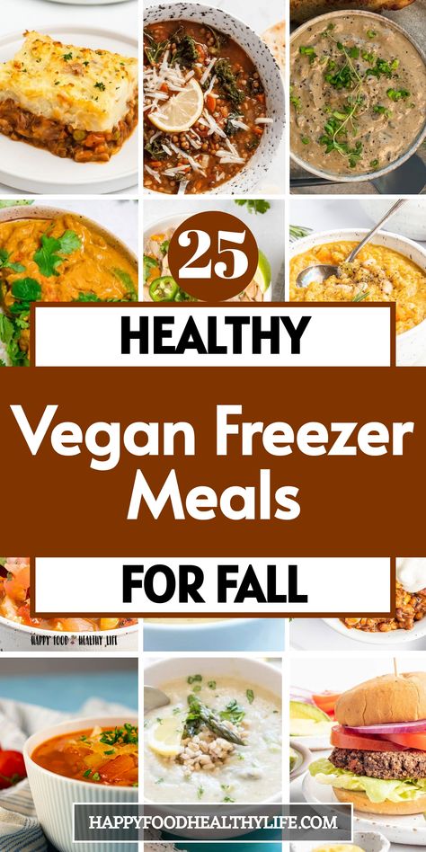 Prepare for the upcoming season with these Vegan Fall Meal Prep ideas! These veggie make-ahead meals are perfect for busy days. Stock your freezer with delicious and nutritious options like Chili, Butternut Squash Soup, and Lentil Stew. By spending a little time in the kitchen now, you can enjoy hearty fall flavors without the stress of cooking every day.  | vegan meal prep fall | Fall Meal Prep Ideas | Freeze Vegan Meal Prep | Non Processed Vegan Meals, Vegetarian Freezer Meal Prep, Vegan Freezer Meal Prep, Vegetarian Freezer Meals Make Ahead, Cold Weather Food Easy, Chili Butternut Squash, Meal Prep Fall, Fall Meal Prep, Vegan Freezer Meals