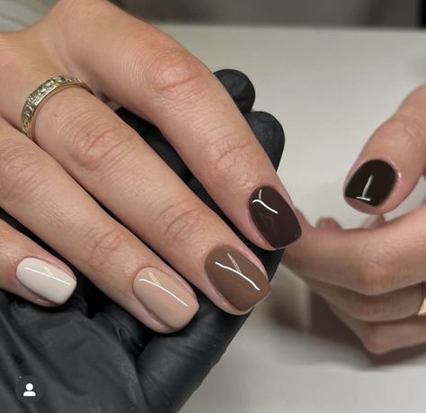 Shellac Autumn Nails, Autem Gel Nails, Nail Chocolate Color, Multi Colored Nails Fall Neutral, Short Chocolate Nails, Autumn Nail Inspo Short, Coffee And Cream Nails, Chocolate Fall Nails, Mocha Manicure