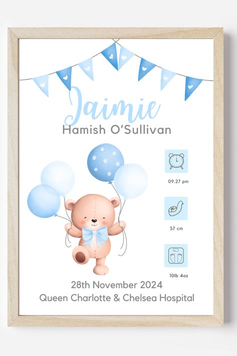 Birth details stats announcement for baby boy featuring cute teddy holding blue balloons Teddy Bear Nursery, Christening Gifts For Boys, Blue Nursery Decor, Baby Boy Christening, Bear Nursery, Boy Christening, Name Wall Art, Birth Details, Blue Nursery