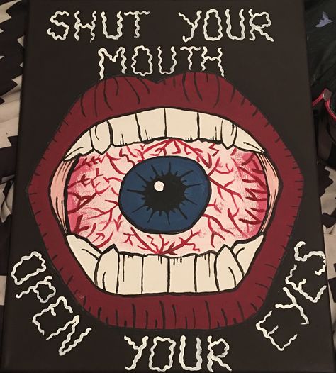 Trippy Canvas Painting, Shut Your Mouth Open Your Eyes East Trippy Painting Ideas, Crazy Drawings Trippy, Phycadelic Drawing Ideas, Trippy Pencil Drawings Sketches, Cute Easy Trippy Drawings, Painting Ideas Easy Simple Trippy, Eye In Mouth Drawing, Painting Ideas Edgy, Droopy Eyes Drawing Trippy