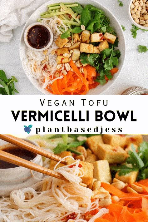 Vegan Vermicelli, Tofu Vermicelli, Healthy Granola Recipes, Rice Noodle Bowls, Vermicelli Bowl, Veggie Burger Recipes, Vegan Vietnamese, Peanut Tofu, Quick Pickled Vegetables