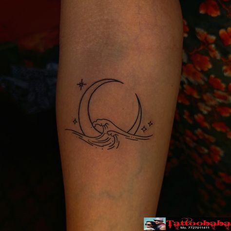 Moon Stars Water Tattoo, Stars And Waves Tattoo, Moon With Waves Tattoo, Waves Tattoo Meaning, Water And Moon Tattoo, Ocean And Moon Tattoo, Moon Waves Tattoo, Wave And Moon Tattoo, Moon And Water Tattoos