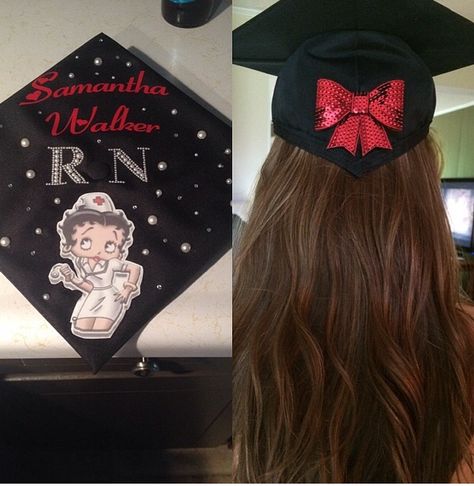 Nursing graduation cap. ❤registered nurse ️love the bow! Betty Boop Graduation Cap, Oncology Nurse Graduation Cap, Burn Nurse Grad Cap, Oncology Nursing Graduation Cap, Ob Nurse Graduation Cap, Registered Nurse Cap Decoration, Nurse Pinning, Nursing Graduation Cap, Apple School