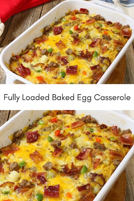 Fully Loaded Baked Egg Casserole - yanny bakes Breakfast For Dinner Ideas Bacon, Egg Sausage Bacon Casserole, Eggs Bacon Sausage Breakfast, Smoked Sausage And Eggs Recipes, Sausage And Bacon Casserole, Breakfast Casserole With Peppers And Onions, Large Egg Bake, Breakfast Bacon Casserole Recipes, Cubed Hashbrown Breakfast Casserole