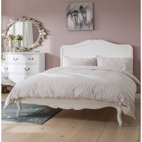 A perfect pink bedroom and shabby chic bed! Bring French charm to your master suite with this elegant bed frame, featuring a curved headboard and neutral hue. With its classically design and antique white finish, this pine wood bed frame is an addition to your country-inspired master suite. Style with ruffled linen bedding, bare wood floorboards and floral fabrics to go all out on the feminine look. aff link for wayfair Elegant Bed Frame, Shabby French Chic, Vintage Bed Frame, French Style Bedroom, Shabby Chic Bedroom Furniture, Elegant Bed, Curved Headboard, Shabby Chic Room, Shabby Chic Dresser