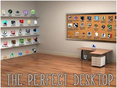 Create the most organized desktop ever 3d Desktop Wallpaper, Wallpaper Shelves, Desktop Wallpaper Organizer, Desktop Icons, Office Wallpaper, Desktop Wallpaper Design, Empty Room, Desk Shelves, Room Wallpaper