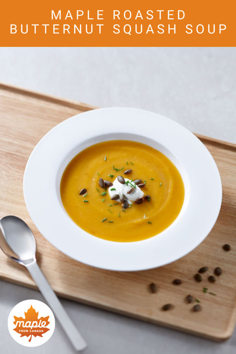 Warm up with a bowl of Maple Roasted Butternut Squash Soup. A cozy fall favorite, blending the sweetness of maple with the rich flavors of roasted squash. 🍁 Maple Butternut Squash Soup, Chicken And Butternut Squash, Apple Maple, Roasted Butternut Squash Soup, Toasted Pumpkin Seeds, Roasted Squash, Fall Flavors, Butternut Squash Soup, Squash Soup