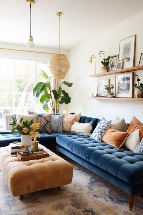 Earthy Living Room Blue Couch, Blue Sofa Living, Blue Couch Living, Blue Sofas Living Room, Blue Couch Living Room, Blue Sofas, Boho Living Room Ideas, Blue Couch, Blue Living Room Decor