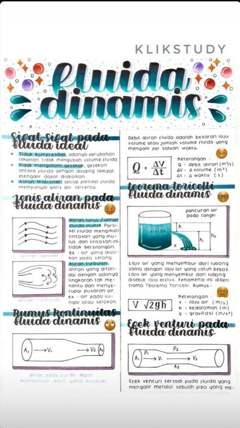 Fluida Dinamis by @klikstudy Catatan Aesthetic, Mind Map Design, Physics Notes, Maths Solutions, Aesthetic Notes, Notes Organization, Pretty Notes, Bullet Journal School, Notes Inspiration