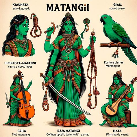 Matangi Explained: The Goddess of Wisdom, Arts, and Inner Harmony 🎶✨ Maa Matangi is one of the ten Mahavidyas, revered as the goddess of knowledge, creativity, and divine expression. Known as the Tantric Saraswati, she governs music, speech, and the arts, empowering her devotees with eloquence and mastery of creative pursuits. Her green complexion signifies renewal, balance, and harmony with nature. Matangi teaches us to embrace imperfections, find beauty in the unconventional, and channel o... Maa Chinnamasta, Matangi Goddess, Maa Matangi, Matangi Devi, Ten Mahavidyas, Goddess Of Knowledge, Goddess Of Wisdom, Embrace Imperfections, Inner Harmony