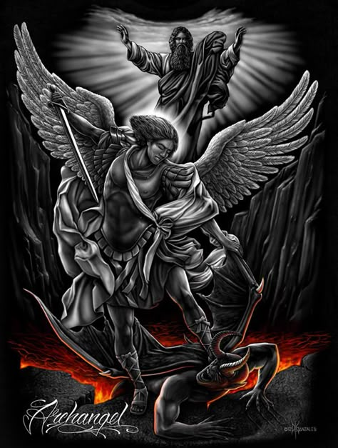 Archangel by David Gonzalez Saint Michael Tattoo Design, Lucifer Tattoo, Archangel Michael Tattoo, St Michael Tattoo, Michael Tattoo, Angel Michael, Archangel Tattoo, Michael Archangel, Demon Tattoo